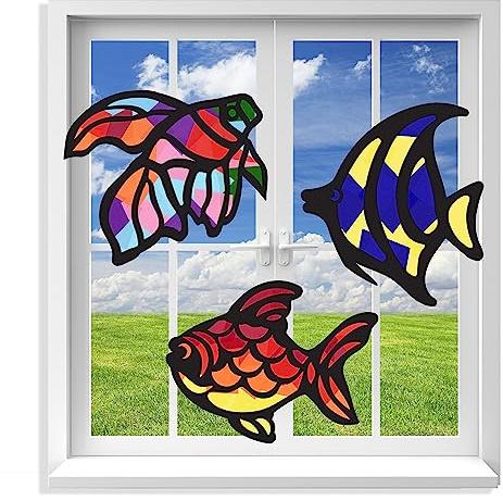 VHALE Suncatchers Craft 3 Sets (9 Cutouts) w Tissue Papers Stained Glass Effect Paper Sun Catcher Kit, Window Art, Classroom Crafts, Creative Art Projects, Kids Party Favors (Fish)