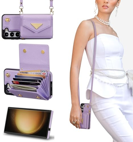 ZCDAYE Samsung Galaxy S23 Hülle mit Geldbörse und Band, Elegante Galaxy S23 Handyhülle Handytasche Kunstleder Case Umhängetasche Handykette Hülle für Samsung S23, Lila