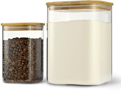D2scrma Quadratische Vorratsdosen aus Glas mit Bambusdeckel, luftdicht, 3600 ml x 1 1200 ml, große Vorratsdose, für Zucker, Mehl und Kaffeebohnen (mit schwarzem Etikett)