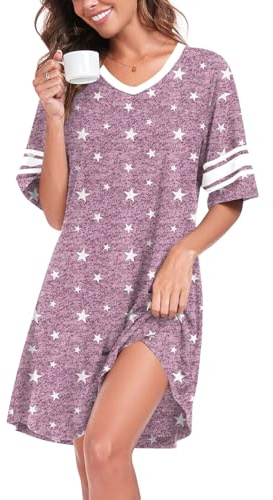 REGAI Nightgowns for Women Sleep Shirts for Women Night Shirts for Sleeping V Neck Sleepwear, White Stars, L