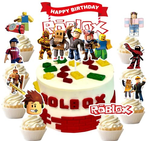LGUZAKO 9pcs Game Cake Toppers Cake Decorations, 1 Large Happy Birthday Topper 8 Small for Sandbox Game Cupcake Toppers Happy Birthday Cake Decorations for Sandbox Kids