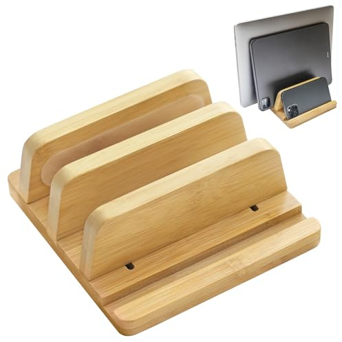 ROCDEER Vertical Laptop Stand for Desk, Double Stand Holder with Adjustable Dock 0.98 to 1.77, Fits All MacBook/Surface/Samsung/HP/Dell/Chrome Book, Natural Bamboo