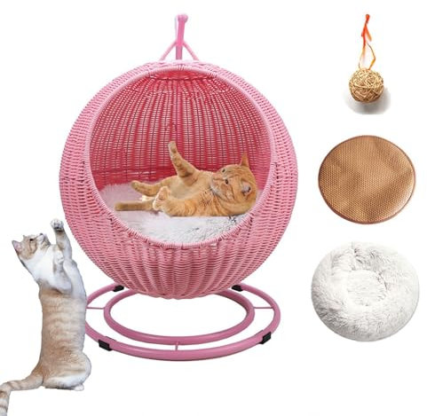 DLLDLGG Wicker Cat Bed Cat Hammock Bed, Hanging Basket Cat Swinging Bed for Indoor Outdoor, Washable Pet Bed Basket Indoor Outdoor for Cat Small Dog Animals(Pink)