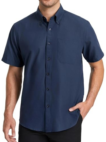 HISDERN Camicia Oxford Uomo Blu Marino Maniche Corte Button Down Camicie Uomo Estiva da Ufficio Manica Corta con Tasca vestibilità Regolare, XL