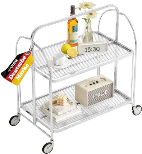 GLIESE Servierwagen Klappbar Mit Rädern, 2 Tier Clear Tempered Glass, Mobiler Aufbewahrungs-Klappwagen, Küchen-, Bar-, Tee- und Weinwagen Mit Getränkehalter
