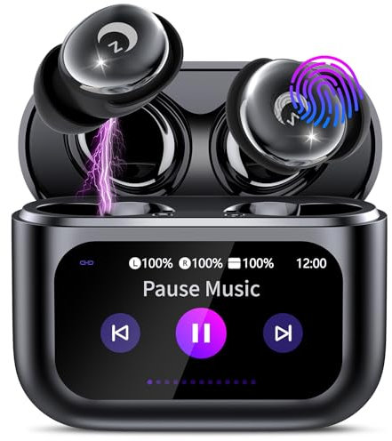 VEKJ Wireless Earbuds with Smart Touch Screen, Mini Sleep Earbuds Bluetooth 5.4 Headphones In Ear with Noise Cancelling Mic, 48H Bass Stereo Ear Buds, 5 EQ Modes/IP7 Waterproof Earphones Black