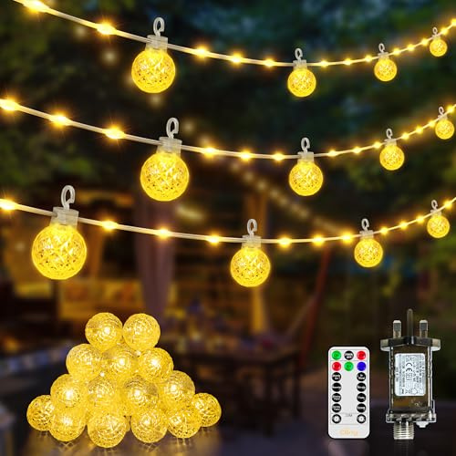 Ollny Electric Fairy Lights, 10M Globe Ball Fairy Lights Plug in, Waterproof Warm White String Lights Mains Powered/Remote/8 Modes/Timer/Indoor/Outdoor Lighting for Garden, House Decorations