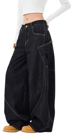 Lafaguw Baggy Jeans for Woman Men High Waisted Barrel Leg Jeans Casual Loose Denim Pants Streetwear Clothes(Black1-L)