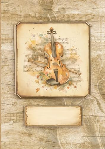 Notenheft für Geigenspieler: im antiken Vintage-Stil || A4 Notenblätter mit 12 Systemen je Seite || Inkl. 3 Rätsel zum Thema Musik || Ideal als Geschenk für Violinist, Bratschist, Musikstudent