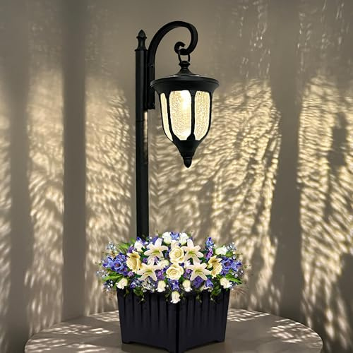 Yonaveil Solar Light Pole with Planter, Outdoor Solar Lights with Cracked Glass, Matte Black Outdoor Flower Pots, Waterproof Solar Post Lights for Balcony Garden and Patio