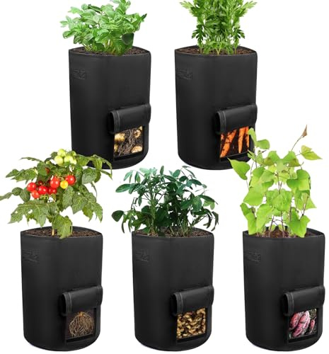 ROTKUSZ 5 Pièces Sac Plantation Pomme de Terre, 40L Sac de Plantation Non Tissé avec Poignées et Fenêtre, Pots pour Pommes de Terre, Tomates, Carottes