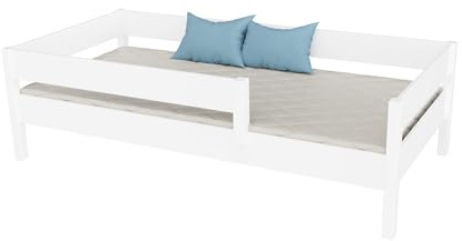 KidsComfort Kinderbett 140x70 cm mit Matratze Rausfallschutz Weiß | Massivholzrahmen I Belastbarkeit bis 150 kg I Sicherheitsgeländer beidseitig montierbar I Für Kinder ab 1,5 Jahren