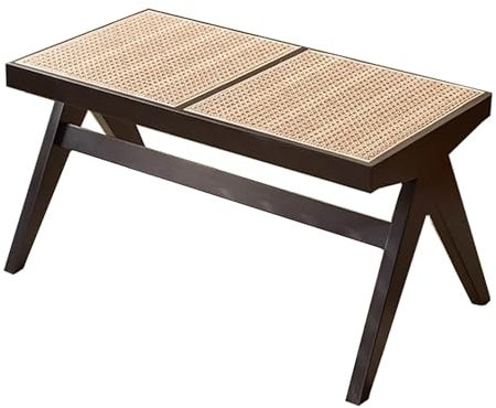 Farmhouse Massivholz-Esszimmerbank mit Sitz aus gewebter Wasserhyazinthe, langer Eingangs- und Wohnzimmerbank, 90 x 45 cm, Schwarz