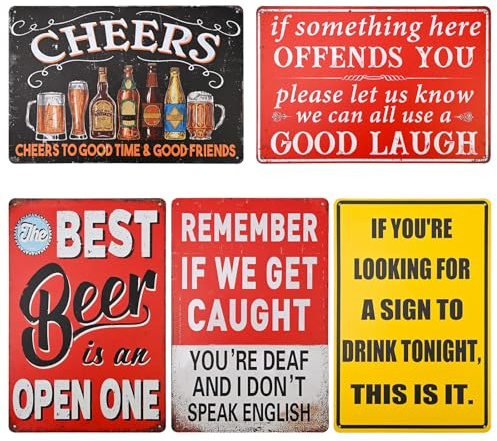 Funny Vintage Metal Tin Bar Signs – Retro Man Cave Wall Decor, 20x30 cm (5-Pack) – Humorous Vintage Metal Signs for Home Pub, Outdoor Tiki Bar, Garden Plaque