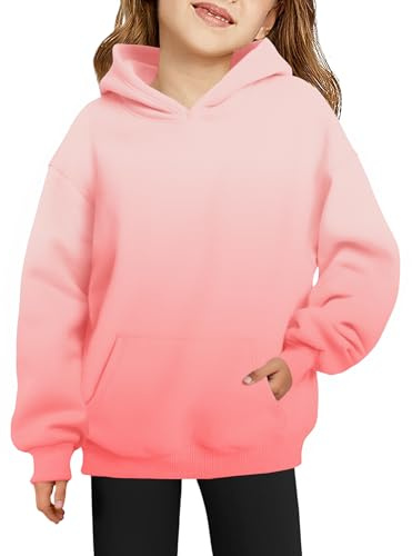 Arshiner Huvtröja för flickor, varm fleece, barn, oversize huvtröja, vintertröja med ficka, sweatshirt för flickor 6–15 år, Färgövergång rosa, 12-13 år