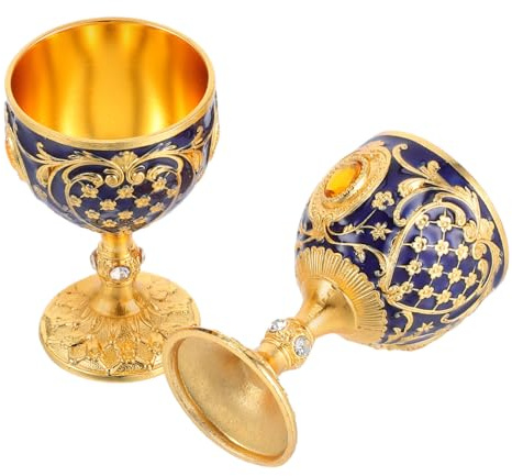 MAGICLULU 2pcs Vintage Drinking Chalice Elegant Metal Goblet with Embossed Design for Formal Dinners Weddings and Home Decor Gold Translucent Blue Retro Style