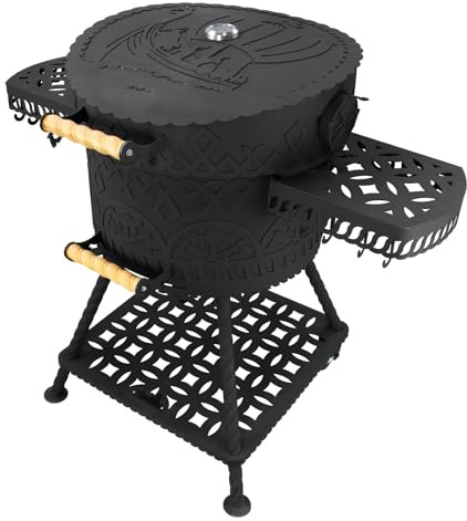 Holzkohlegrill „Drakkar“ – Massiver Rundgrill im Wikinger-Design mit Gussrost Ø 54,5 cm aus 4 mm Stahl (65 kg), Kugelgrill mit Ablagen & Rollen