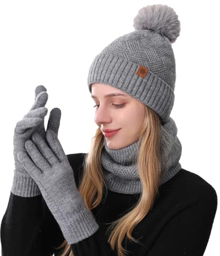 MAZELIKEHOOD Halsduk Set Handskar Hatt Kvinnor Vinter Varm Bobble Hatt Med Stickad Halsduk Och Handskar Mjukt Och Bekvämt Tyg Vintermode Tillbehör Perfekt för Julklapp, Grå, one size