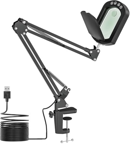 Jubor Lampada con Lente d'Ingrandimento, 15X 10X Lente d'ingrandimento con Luce e Copertura Antipolvere, Lampada da Tavolo con 5 Modalità Colore per Lettura, Riparazione, Lavoro Manuale