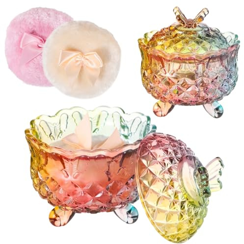 yeeplant Juego de 3 recipientes de vidrio coloridos con tapas, elegante tarro de polvo para aplicación de polvo corporal