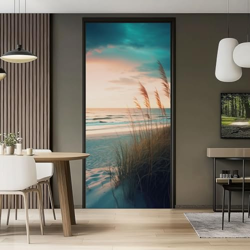 Türaufkleber Natur Strand Dünen Türfolie Selbstklebende Fototapete, Grün Beige Türposter Abnehmbar Türfolie PVC für Tür Küche Badezimmer Türaufkleber 80 x 210 cm