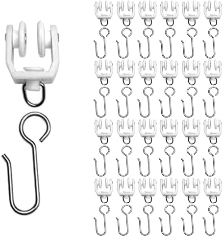 ARTiFiXPRO 25 Pcs Curtain Track Rollers Heavy Duty Ceiling Mount Curtain Track Gliders Silent Sliding Rail Runner Hooks Stainless Steel Wheels for Room Divider Shower Drapery System (White)