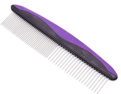 Xelmorant Dog Comb & Cat Comb for Grooming – Stainless Steel Teeth and Rubber Non-Slip Handle for Removing Tangles and Knots of Fur for Large, Medium, Small Dogs and Cats(Purple)