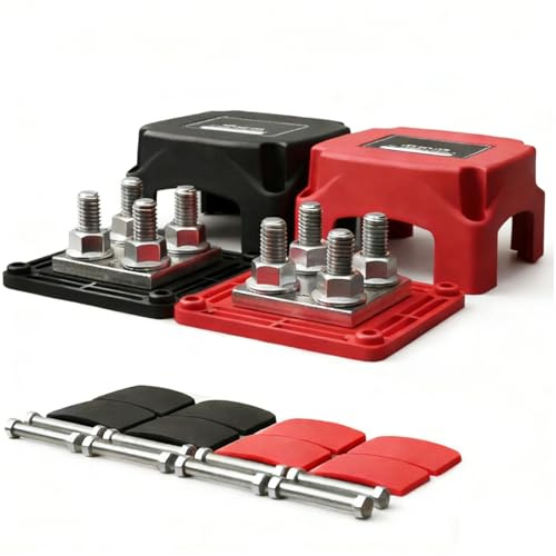 AULESSE 400A M8 Blocco di Distribuzione Dell'alimentazione 12V-48V Busbar | Distribution Block, 4 x M8 Morsettiera di Alimentazione, Per Camper Auto Camion Barca, 2 Pezzi, Rosso + Nero