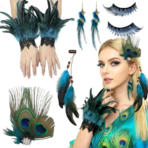 Taechalingo 5 Stück Pfau Kostüm Damen,Pfauenfeder Haarspangen,mit Wimpern Pfau und Pfau Haarschmuck,Feder Manschetten Hand,Feder Ohrringe,Für Karneval Fasching Halloween Mottoparty Cosplay