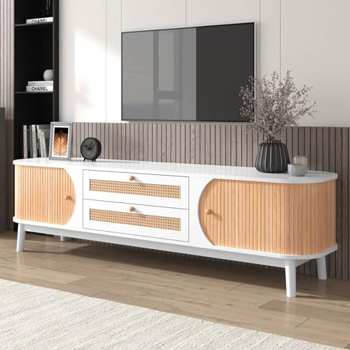 YEHTOKHOME Meuble TV en rotin avec Portes coulissantes et 2 tiroirs,Moderne Armoire de Rangement avec Espace de Rangement et Pieds en Bois,pour Salon et Chambres à Coucher (Blanc)
