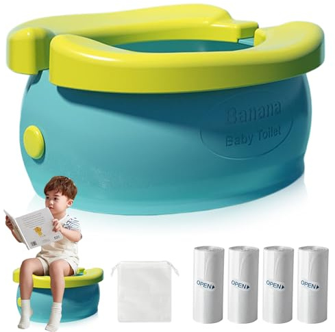 Orinal para niños, portátil, con bolsa de viaje y 100 bolsas de basura, ergonómico para bebés, orinal de viaje plegable, inodoro móvil para niños y niñas (azul)