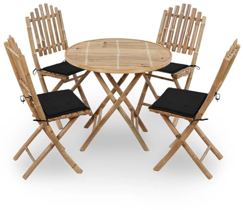 QUAHEAS Salon de jardin pliable en bambou massif, résistant aux intempéries, avec 4 chaises, coussins noirs imperméables pour terrasse et balcon