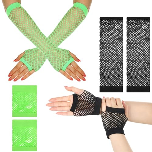 HJZHII 4 par näthandskar, fingerlösa näthandskar fisknät, handskar långa och korta 80-tals 90-tals kostym tillbehör fashionabla stretch näthandskar för disco cosplay maskerad