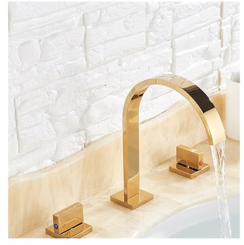 ISCBAFYX Lavabo da Bagno Quadrato Montato su appoggio con Doppia Maniglia, Rubinetto per lavabo Caldo e Freddo a 3 Fori-(Oro)