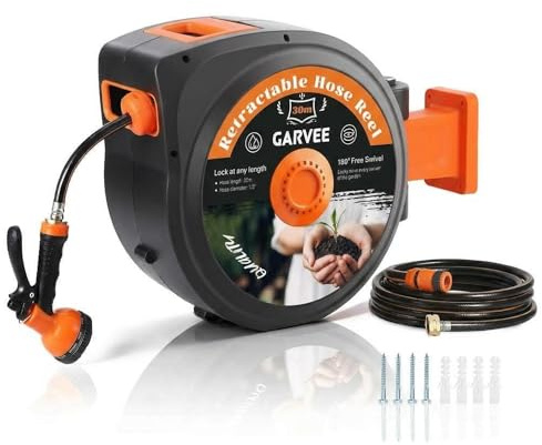 Avvolgitubo da Giardino Retrattile con Tubo dell'Acqua 30m, avvolgitubo aria compressa con Blocco Automatico,Ugello a 10 Funzioni, 180° Giro, Conservazione Sicura per Tubi d'Innaffiamento Esterni