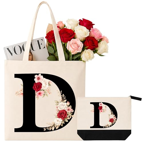 Gesar Borsa Tote Tela con Iniziale e Pochette abbinata, Borsa Shopper con Lettere, Tote Bag Donna Personalizzata con Nome, Regalo per Donna, Amica, Mamma, Regali di Compleanno, Festa della mamma (D)
