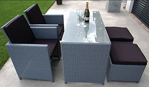 Ragnarök-Möbeldesign Gartenmöbel PolyRattan DEUTSCHE Marke - EIGENE Produktion 8 Jahre GARANTIE Essgruppe Tisch Stuhl + Hocker Möbel Balkon Set Grau