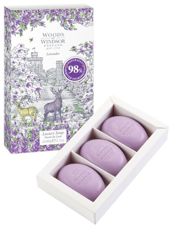 Woods of Windsor Lavendel Seifenstücke, feuchtigkeitsspendende Seife mit Sheabutter, feine gemahlene Seife auf pflanzlicher Basis mit Noten von Patchouli, Hand- und Körperseife, Lavendelduft 3 x 60g