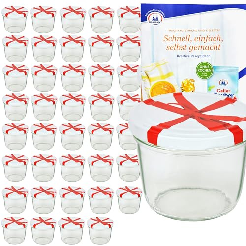 MamboCat 40er Set Sturzgläser 230 ml mit Schleifendekor Deckel to 82 inkl. Diamant Gelierzauber Rezeptheft Marmeladengläser Einmachgläser Einweckgläser