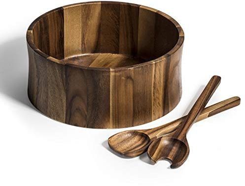 Kalmar Home 12-Inch Acacia Wood Curved Extra Large Salad Bowl with Servers