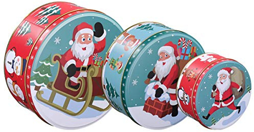 Hemoton Christmas Storage Tins, Set of 3 Triple Festive Round Nesting Tins, Tinplate Cake Biscuit Cookie Muffin Treat Storage Set with Lids for Storing Candies Biscuits
