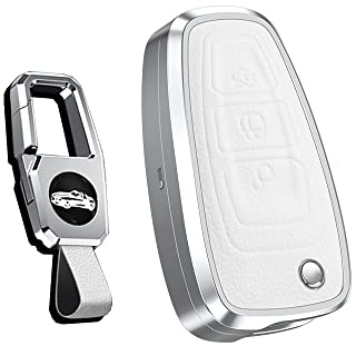 HIBEYO Schlüsselhülle Hülle passt für Ford Leder Schutzhülle Autoschlüssel Hülle für Ford Focus Fiesta Kuga Mondeo Grand C-Max S-Max Kuga Galaxy Klappschlüssel Key Cover Case Etui-Weiß