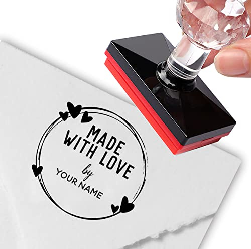 Personalisierter Stempel, niedliche Herzen, handgezeichneter Kranz, hergestellt mit Liebe, Namensstempel für Kleidung, Kinder, Sellos Personalizados