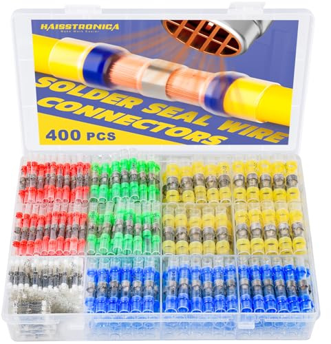 haisstronica 400PCS Solder Seal Wire Connectors Kit,26-10 Gauge Marine Grade Heat Shrink Wire Connectors,Waterproof Butt Connectors,Butt Splice Eletrical Wire Connectors Kit(5Colors/5Sizes)