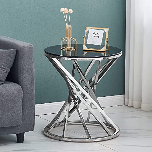 ZOONFA Set of 1 Chrome Glass Side Table for Living Room- Round Black Grey Tempered Glass Top & Stainless Steel Frame, 50cm Modern Spiral End Table for Bedroom Guestroom (Silver)