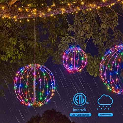 Sfera luminosa a forma di palla di Natale, 40,6 cm, 128 LED, da appendere, con gancio e palo, struttura in metallo pieghevole per giardino esterno, certificazione UL, cornice marrone, RGB