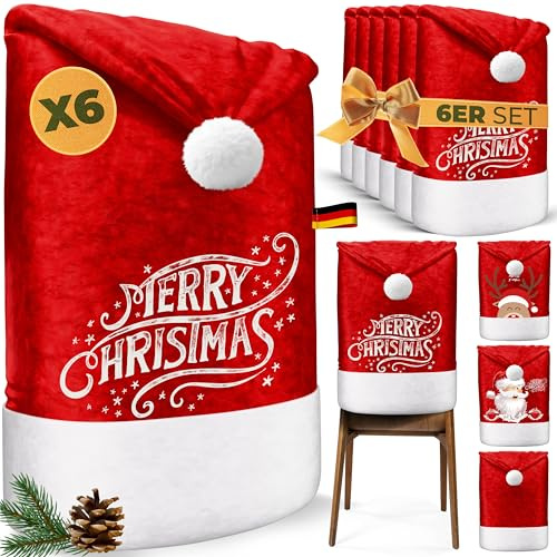 KESSER® Premium Weihnachtsstuhlüberzug 6er Set Stuhlhussen für Weihnachten Nikolausmütze Stuhlbezug Husse Weihnachtsdeko für Stühle Überzieher - Stuhlabdeckung im weihnachtlichen Design