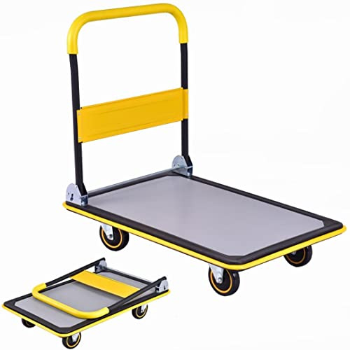 GiantexUK Folding Hand Sack Truck, 150KG/300KG Capacity Heavy Duty Platform Trolley with Wheels & Handle, Flatbed Dolly Cart for Home Office Shop Garage Warehouse (91x61x89cm, 300KG, Yellow+Black) | 150KG/300KG Capacity Heavy Duty Platform Trolley with Wheels & Handle, Flatbed Dolly Cart for Home Office Shop Garage