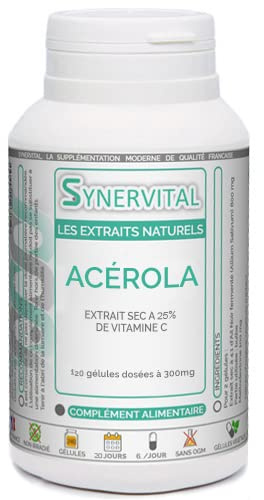 Acérola Extrait naturel à 25% de Vitamine C Synervital 120 gélules dosées à 300mg - Complément alimentaire - Fabriqué en france