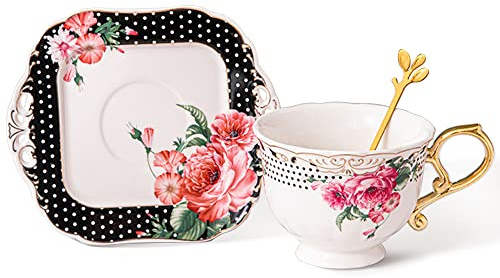 fanquare Blume Kaffee Tee Tasse und Untertasse, Britisches Porzellan Teetassen Set, Vintage Kaffeetasse mit Goldrand, Schwarz